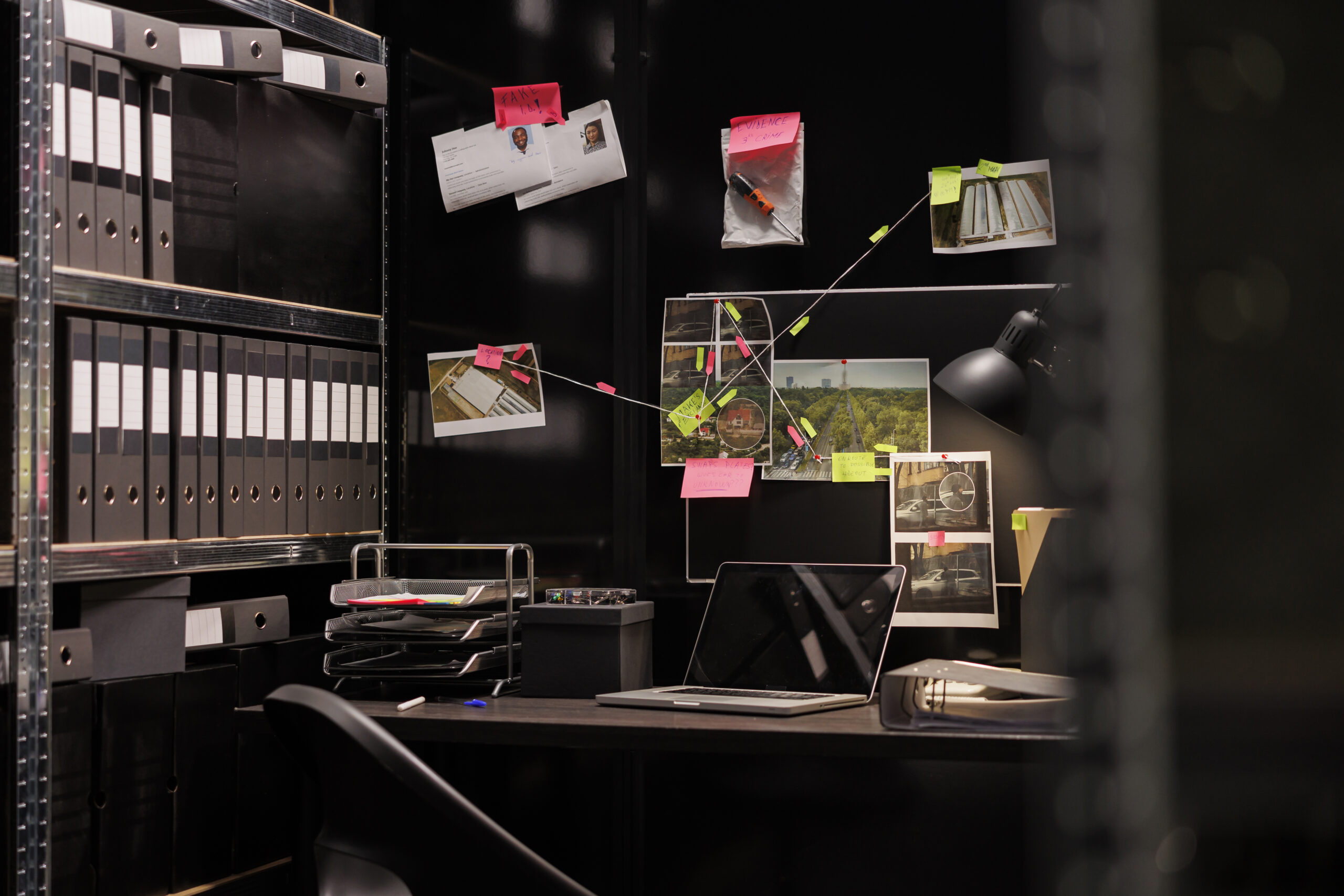 Private detective empty workplace with crime case evidences board
